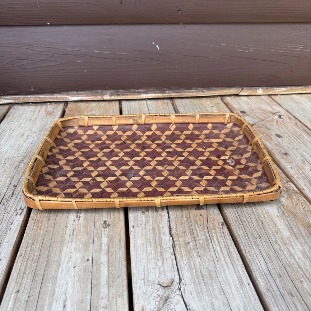 Woven Bamboo Geometric Serving Tray Brown Natural 16x11.5 Boho Decor